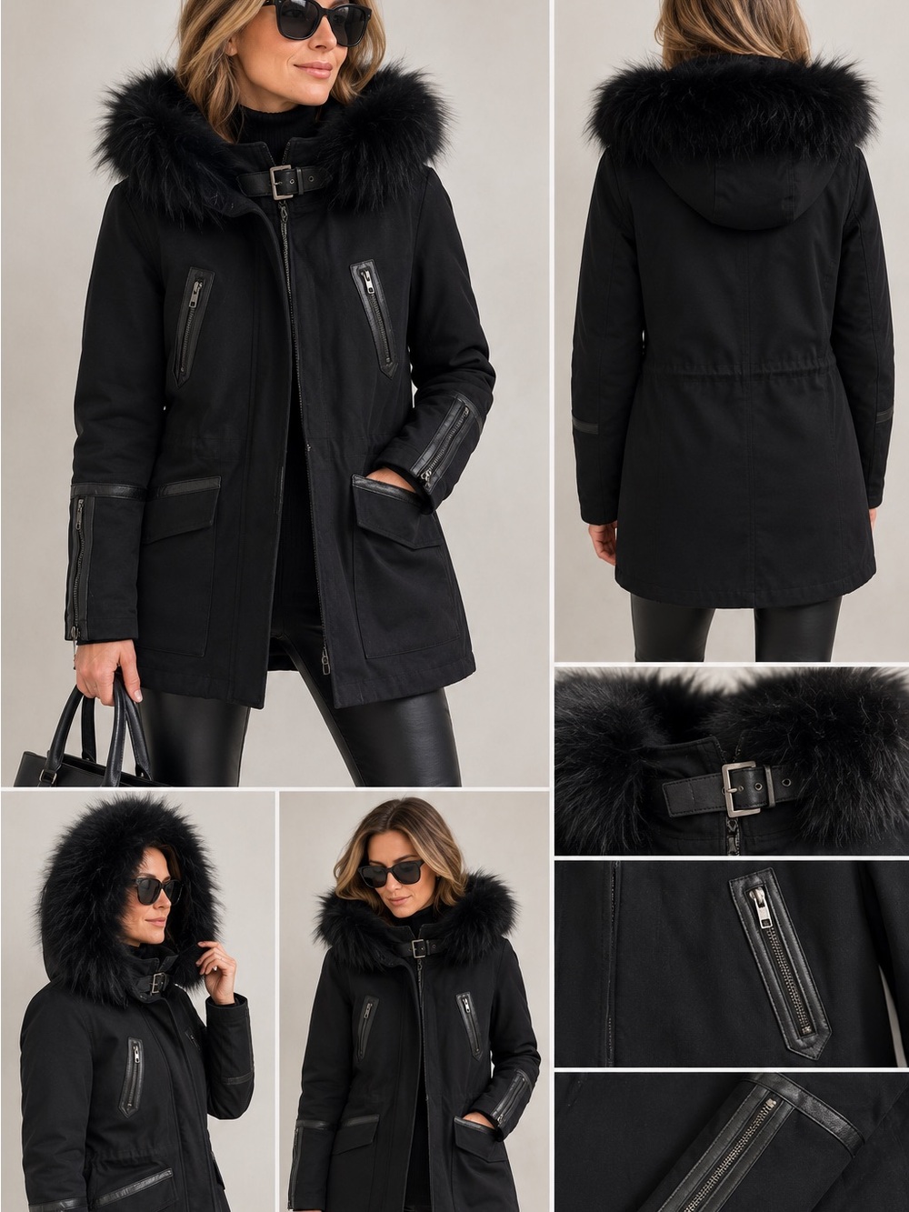 Maje Gafety 3-in-1 Raccoon Fur Leather Trim Parka Jacket Black Sz 1